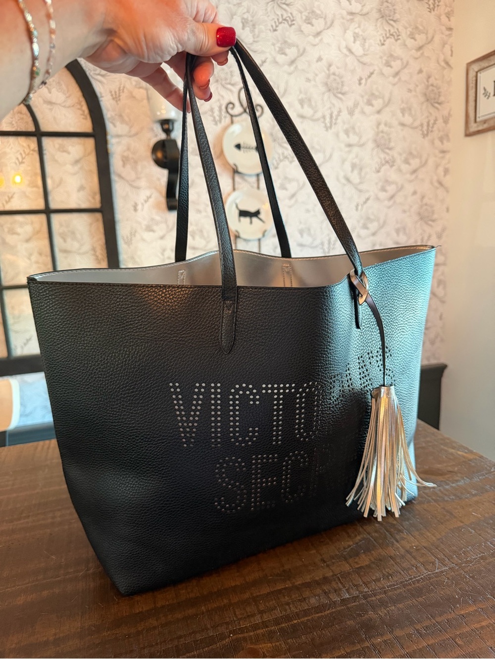 Victoria's Secret Black Tote with Silver Tassel Accent EUC